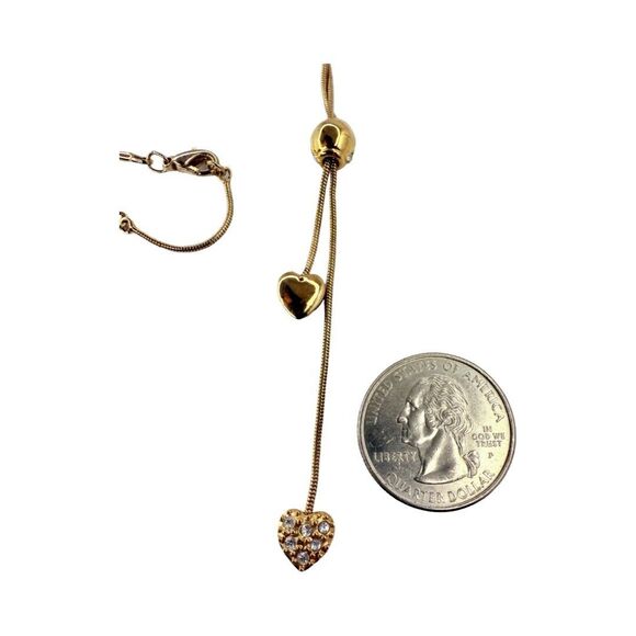 Gold Tone Double Heart Lariat Chain Necklace 22" Rhinestone Love Valentines Day - Picture 8 of 8